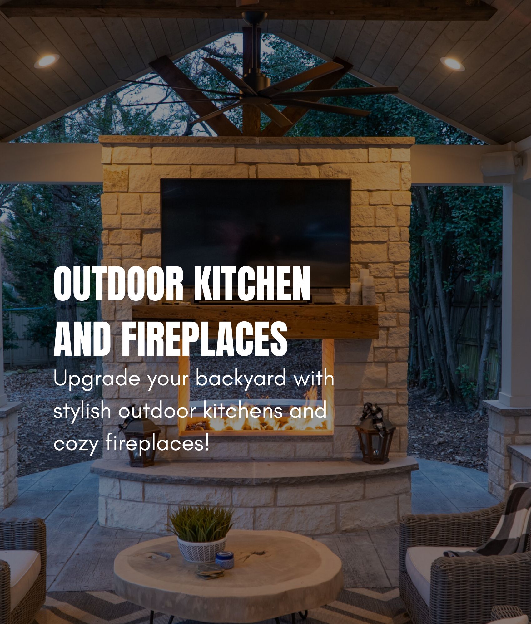 outdoor kitchen and fireplaces