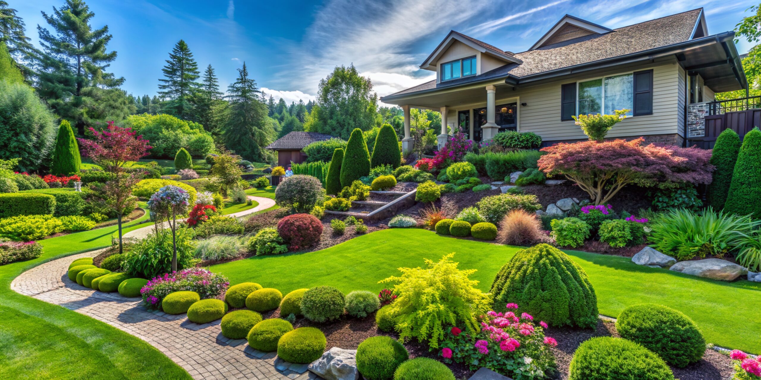 Landscaping in green home garden. Landscape design with plants and flowers at residential house. Scenic view of nice landscaped garden in backyard