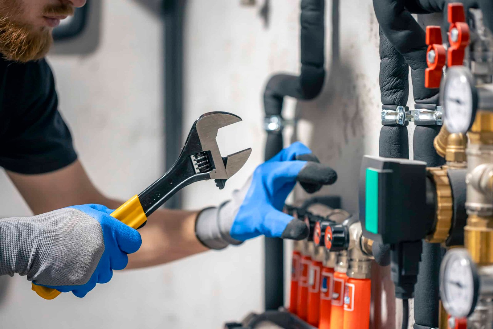 A man installs a heating system in a house and checks the pipes with a wrench. Adjusting heating valves in a residential building. A plumbing and heating technician works.